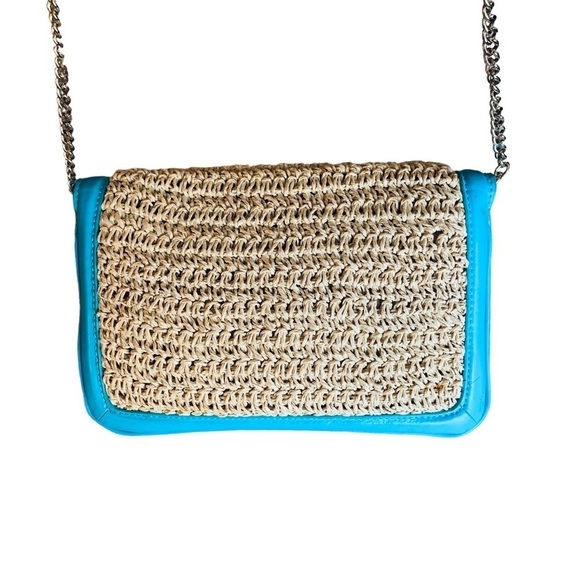 Turquoise leather&natural straw crossbody or clutch gold lock & removable chain - Picture 8 of 13
